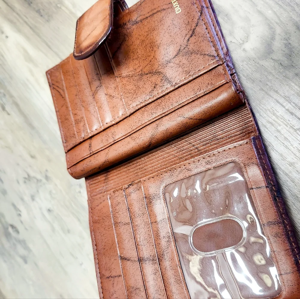 “Genuine Leather Wallet Top Grain Cowhide Brown Marble Kiss Lock Vintage Style”
